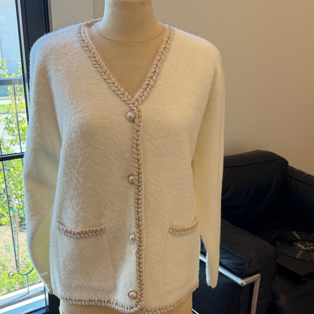 Elegant White Women's CardiganSweater with Pearl buttons and gold trim